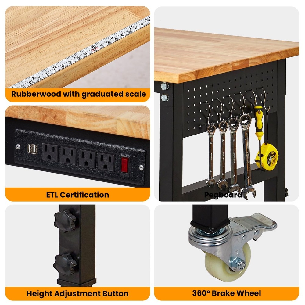 60" Adjustable Workbench w/Wheels & Power Outlets, 2000Lbs Work Table for Garage