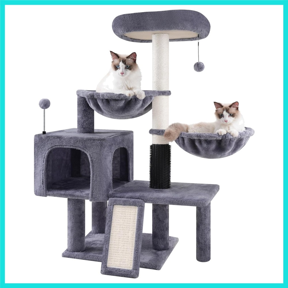 Cat Tree with Cat Condo and Two Hammocks, Cat Tower with Scratching Posts and...