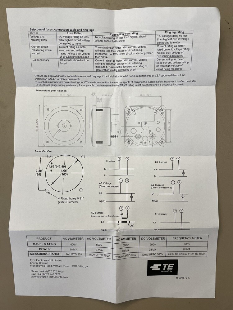 CROMPTON / TE Connectivity 007-05FA-LSTM-C7 Ammeter / New Open Box