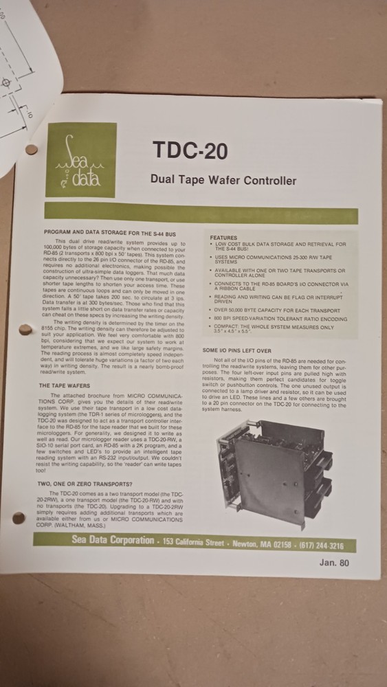 Sea Data Corporation RD-85 Single Board Microcomputer and Related Data Sheet