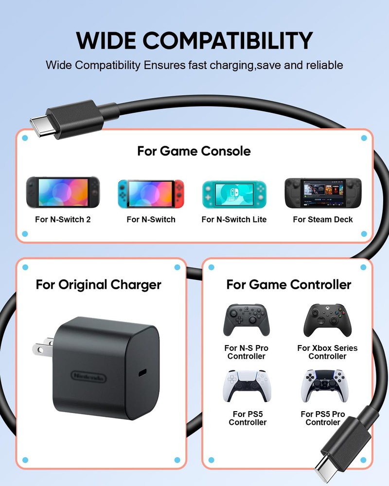(9.8FT) Switch 2 Charging Cable - for Switch 2 AC Power Adapter, 60W Switch2 ...