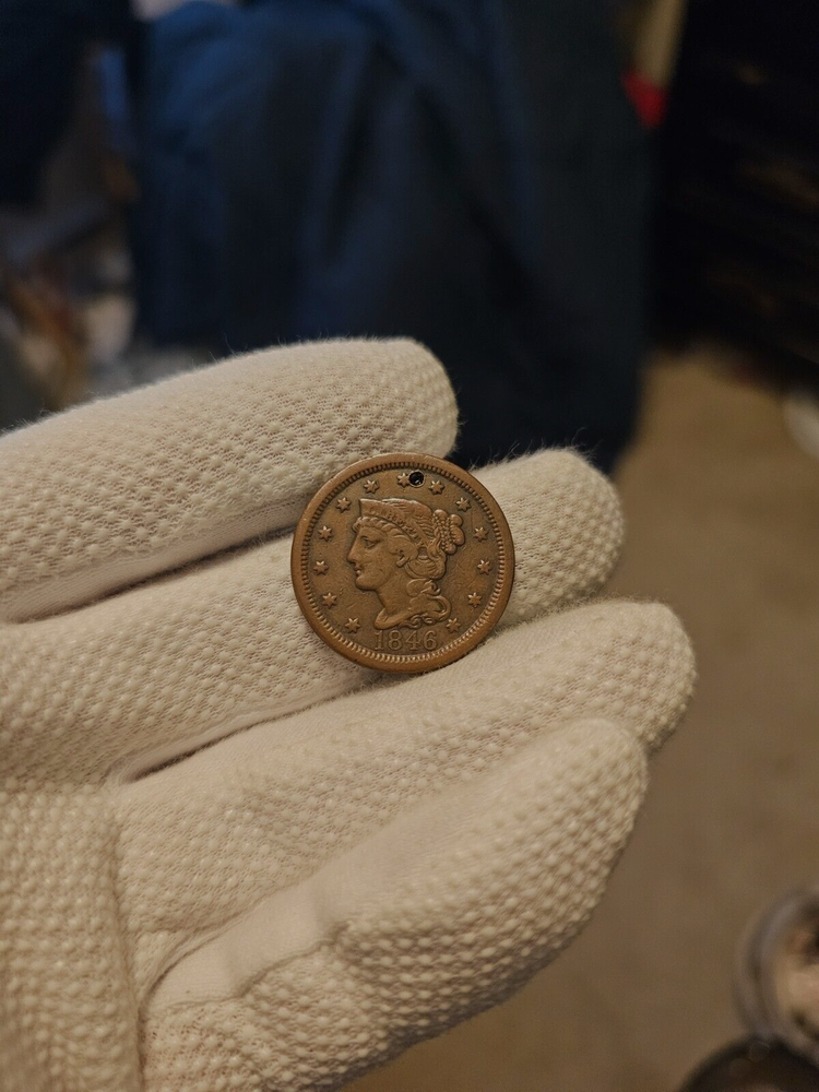 1846 Large Cent Tall Date Higher Grade Attempted Hole US Type Coin