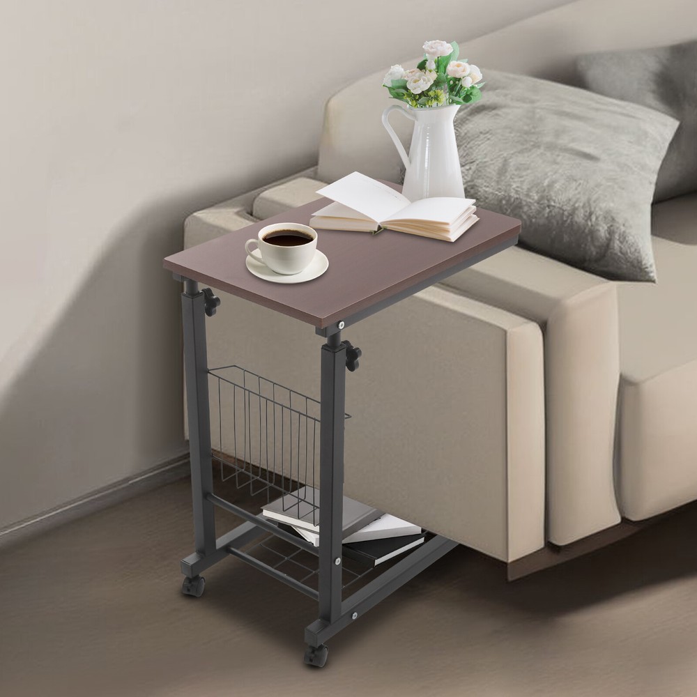2 Tiers Red Walnut Color Mobile Standalone Adjustable Bed Side Table w/ Wheels