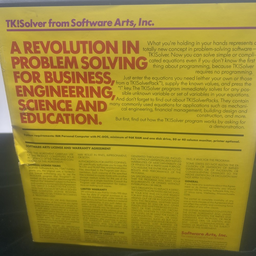 IBM PC Software: TK! SOLVER 1.2 From Software Arts DOS Vintage