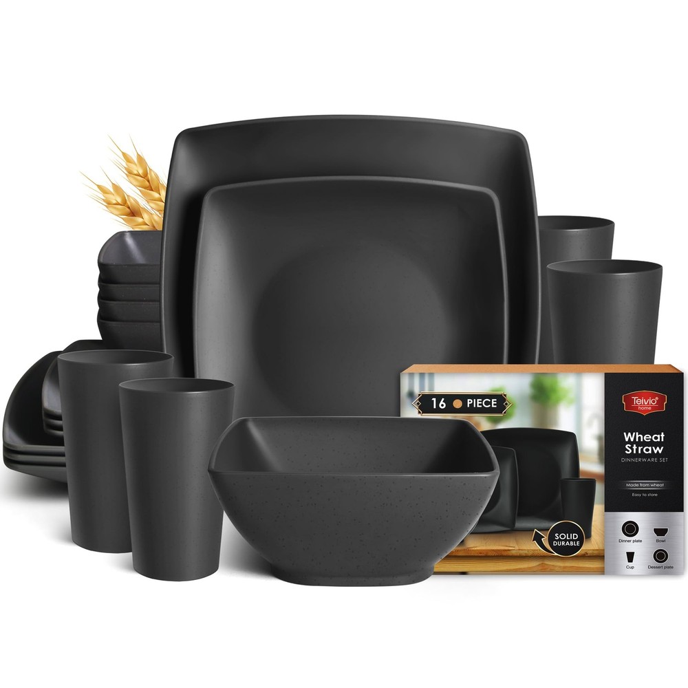 16-piece Plastic Wheat Straw Square Dinnerware Set for 4, Unbreakable Dinner ...