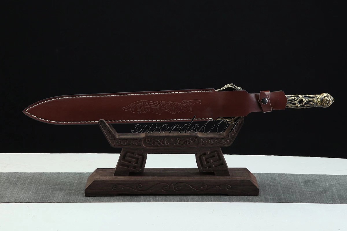 Handmade Exquisite Brass Handle Short Sword Damascus Steel Blade Leather Sheath