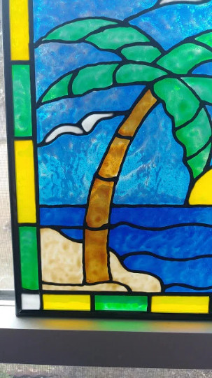 Palm tree Stained Glass Window Panel Hand Painted