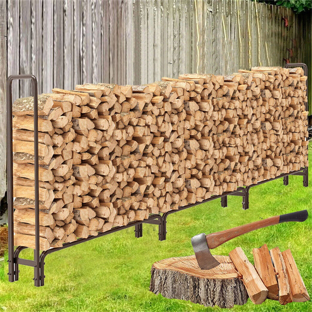 12ft Heavy Duty Outdoor Firewood Rack Fireplace Wood Log Holder Adjustable Steel