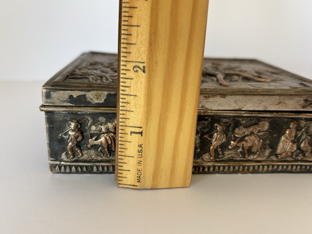 Antique E.G. Webster & Son Silverplate Cigarette Box Repoussé Tavern Scene