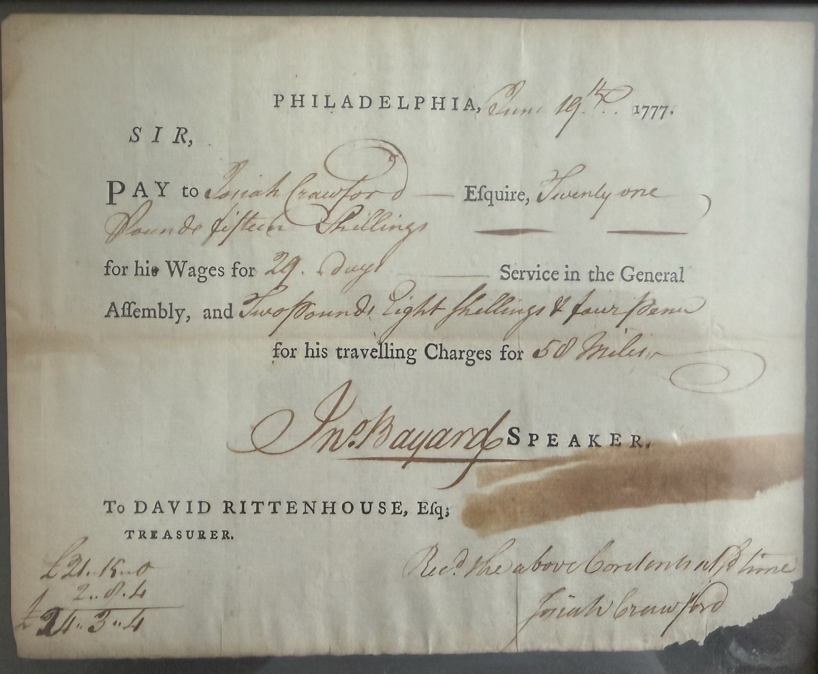 1777 Pennsylvania Revolutionary War Pay Voucher