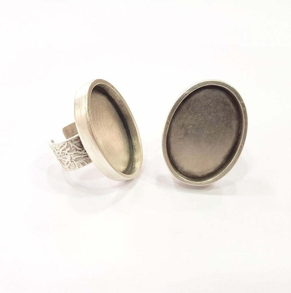 Oval Branch Base Ring Blank Bezel Setting Adjustable Antique Silver Plated