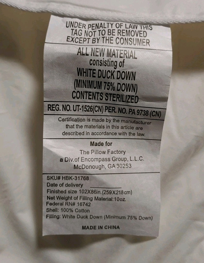 Tropical Star White Duck Down Filled 10 oz Blanket King Size 102" X 86"