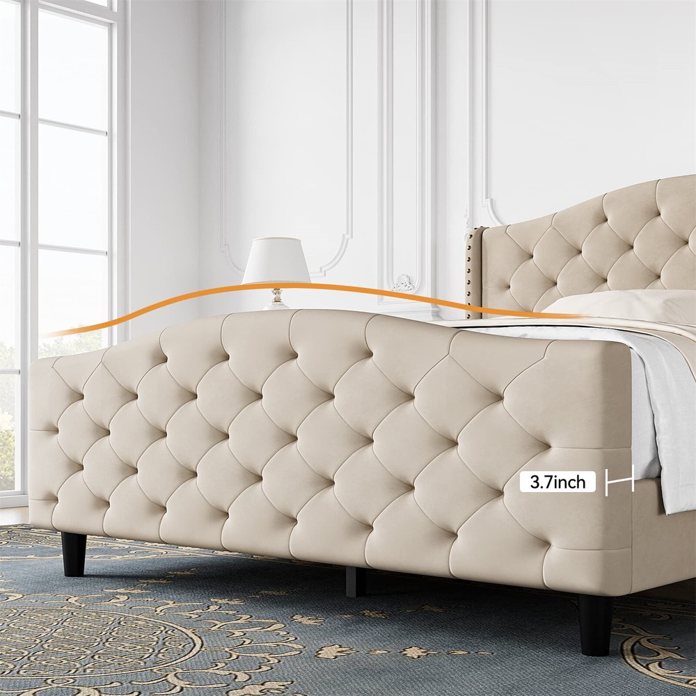 ⭐Bed Frame,Upholstered Bed Frame w/Headboard & Footboard, Modern Button Tufted