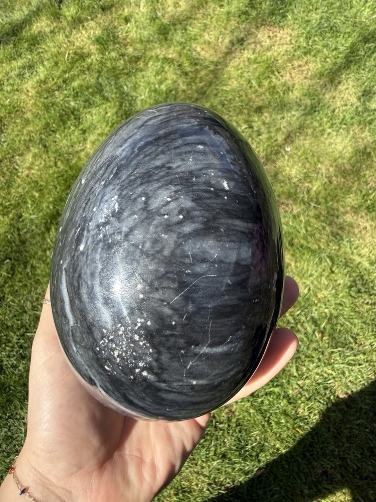 Large Gray Black Heavy Stone Polished Egg 6” With Brass Base