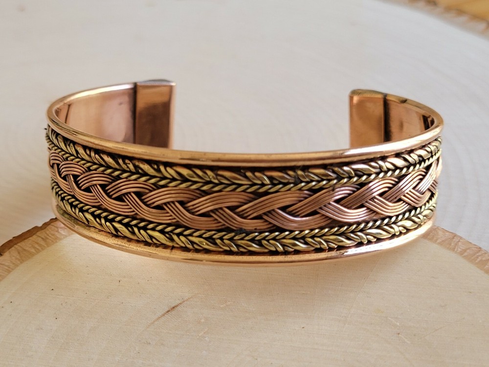 Solid Copper 2 Tone Wide Bangle Cuff - Copper Braided Cuffed Bracelet