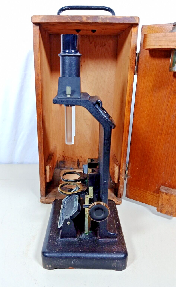 Vintage Bausch & Lomb Optical Co. Microscope in Wood Eimer & Amend Box Case