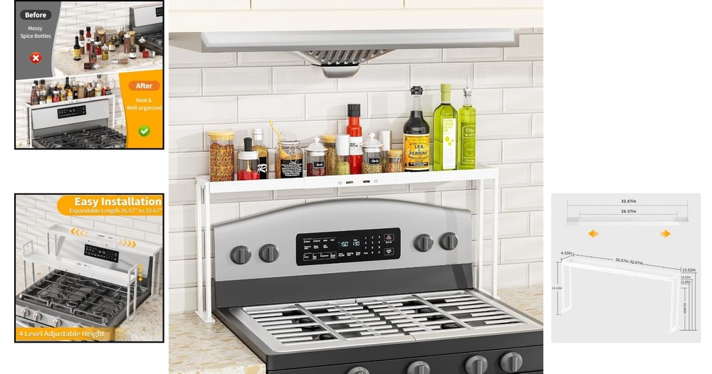 4-Level Height Adjustable Spice Rack for Curved & Flat Stoves - Expandable Size