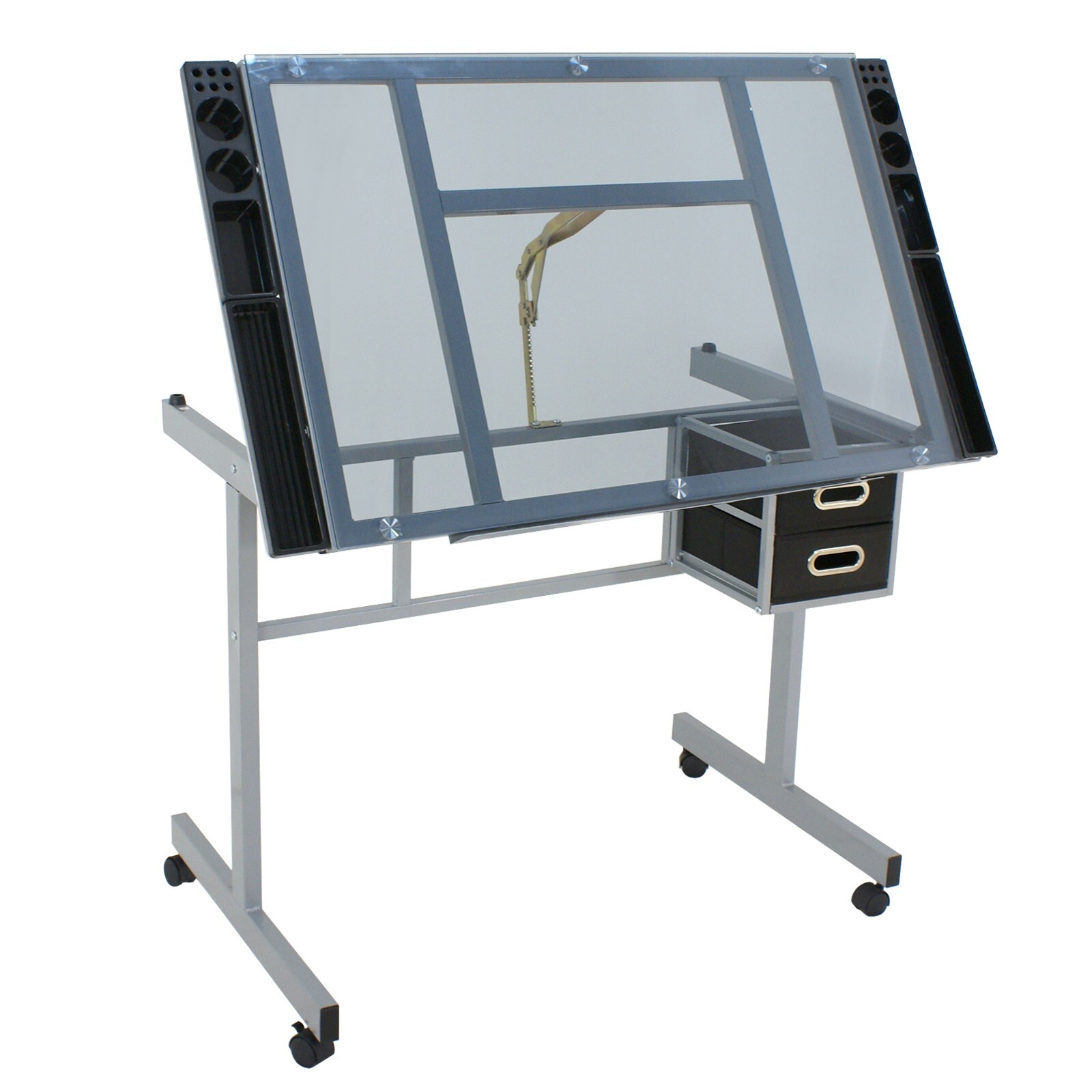 Drafting Table on Wheels Adjustable Glass Tabletop Drawing Desk w/Storage Drawer