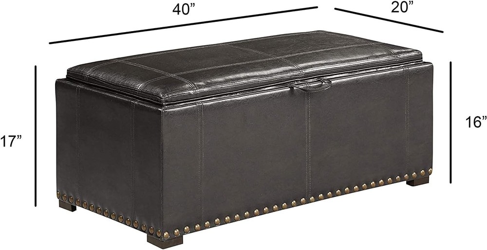 Leather Storage Bench with 2 Side Ottomans Convertible Table Black