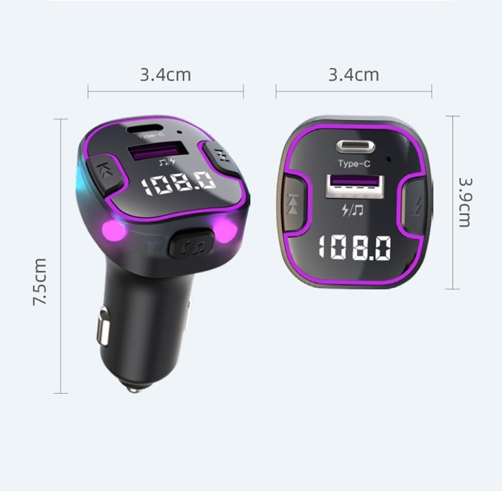 Bluetooth 5.3 Fast Charging Car Adapter with FM Transmitter & Colorful Lights