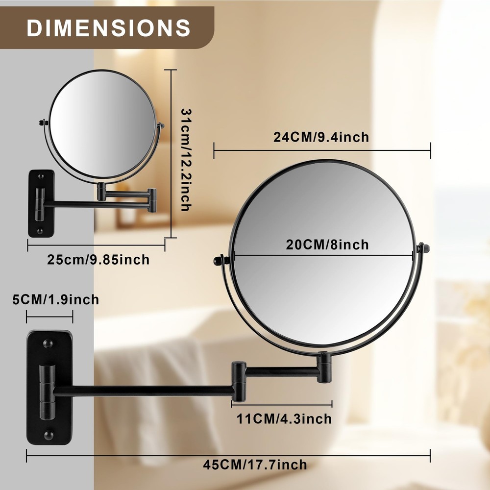 8" Wall Mounted Makeup Mirror, 1X/10X Magnifying Mirror with 360° Extendable ...