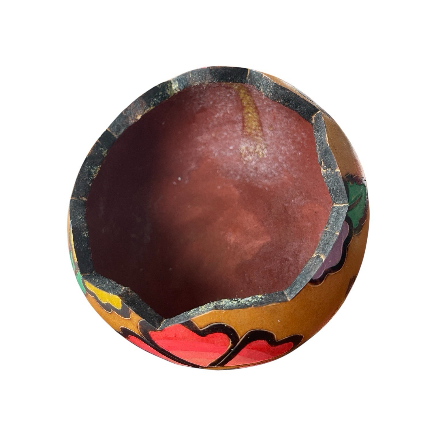 Peruvian Hibiscus Bowl Hand Carved Gourd Floral Trinket Lid Lucuma Folk Art Deco