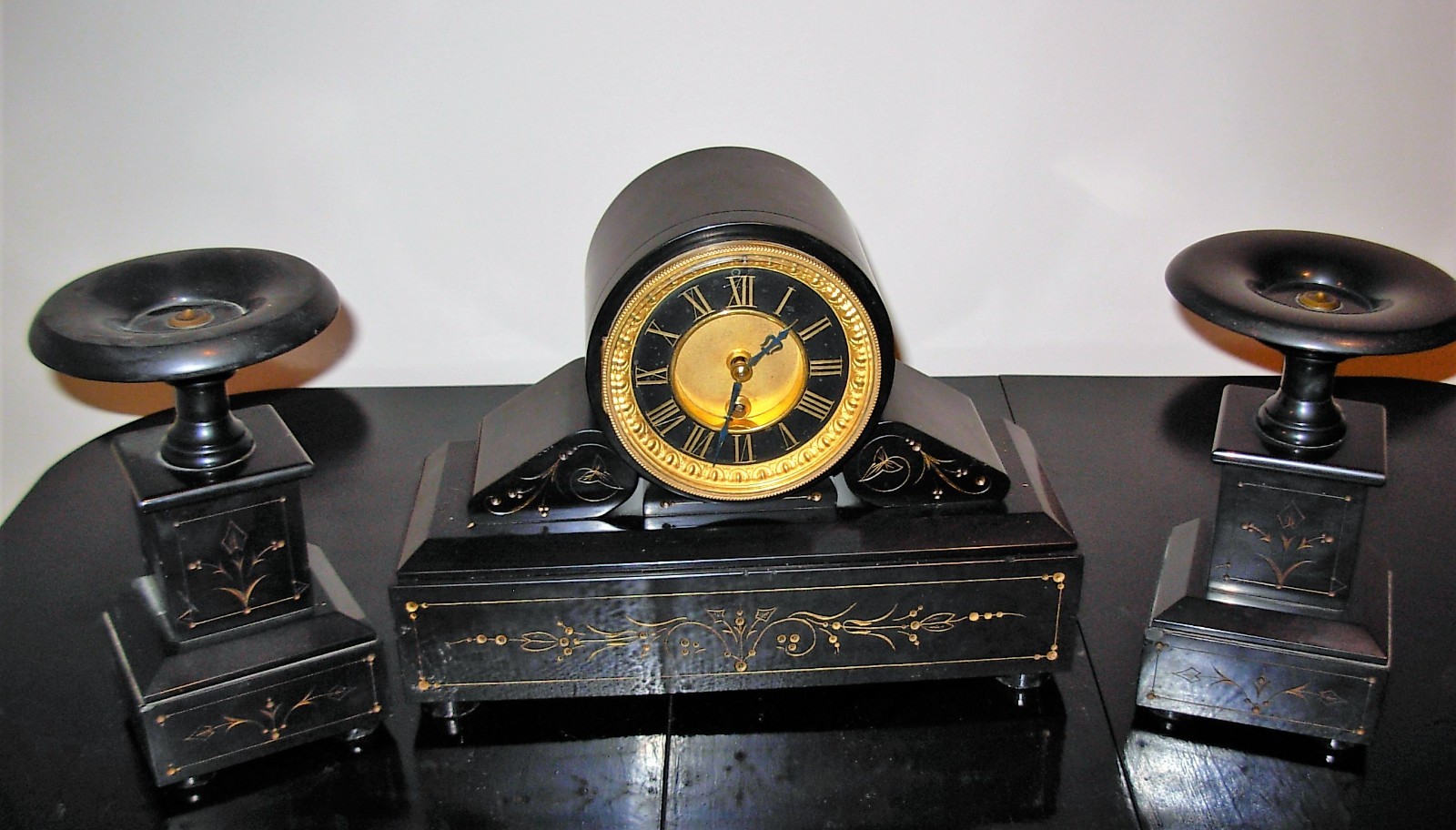 Antique European Black Slate Mantle Clock with Matching Garnitures