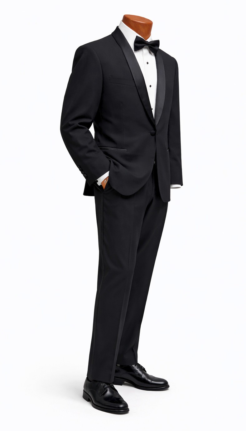 Black Satin Shawl Lapel Tuxedo with Pants Shirt Bow Tie & Studs Slim Fit 38S 32W