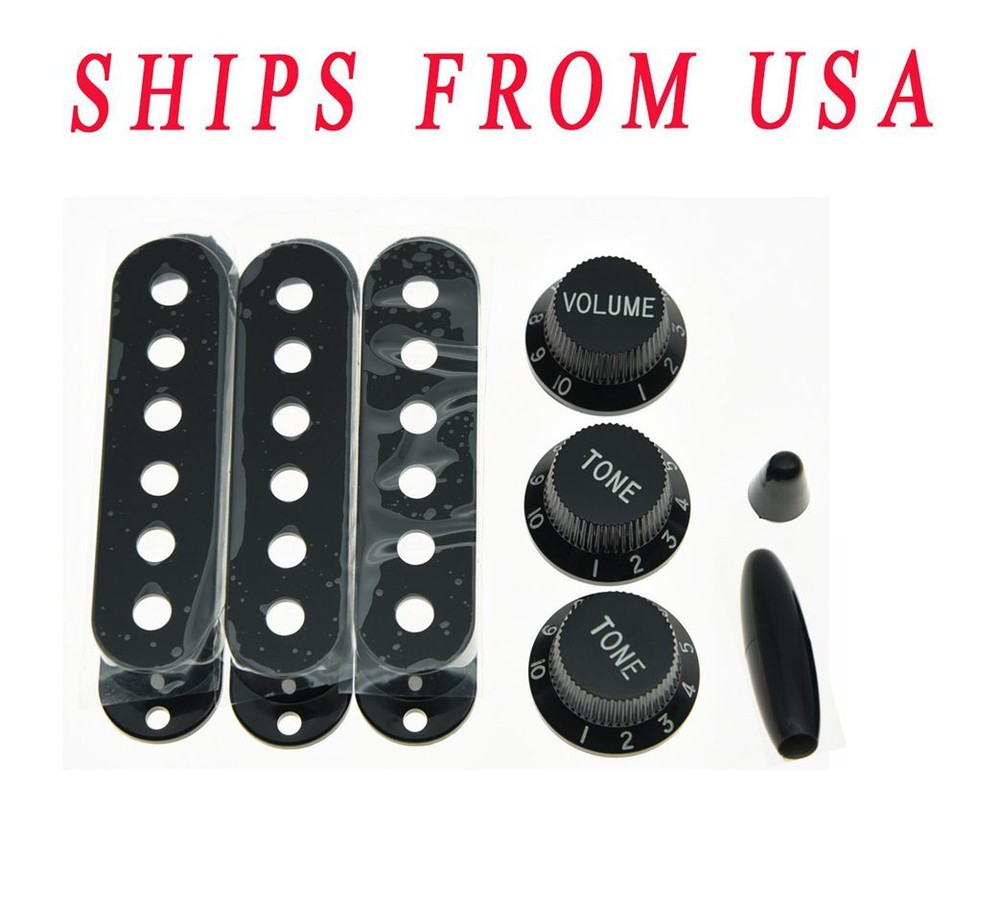 KAISH Black ST Pickup Covers ST Knobs Switch,Trem Arm Tip for Strat