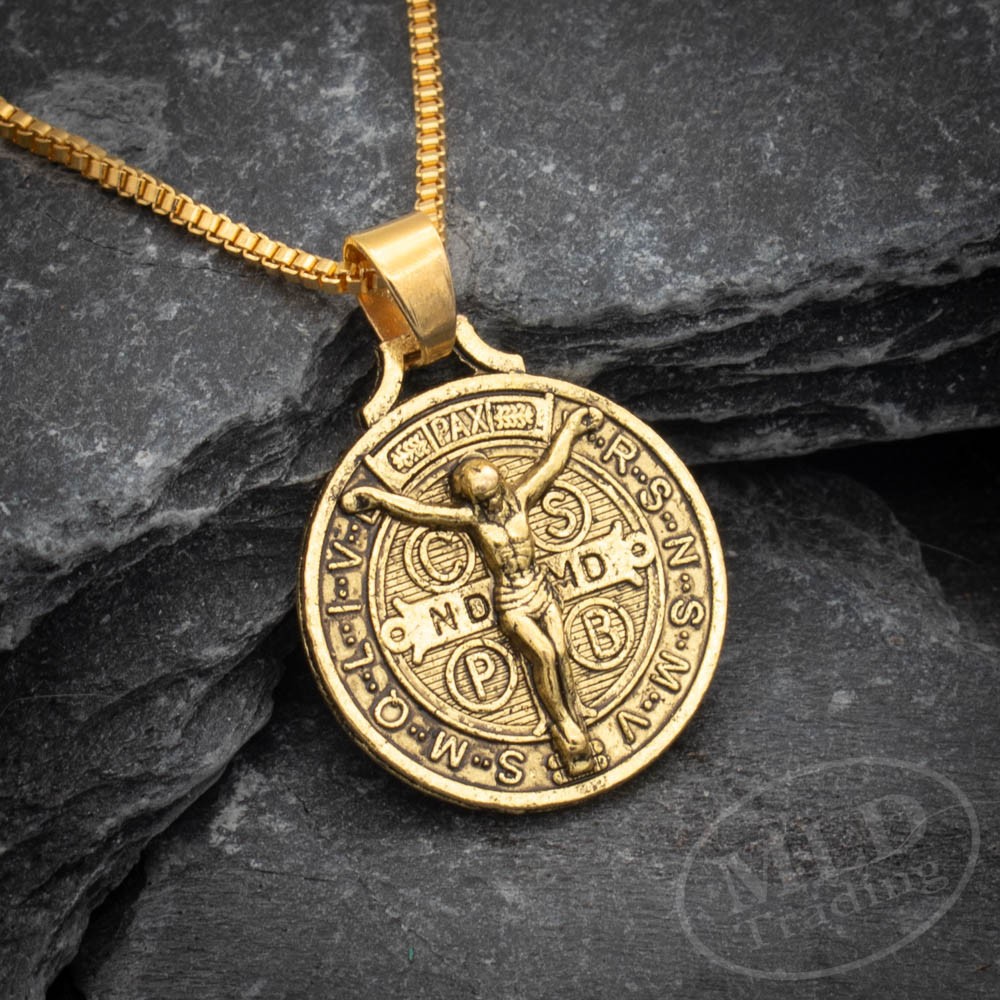 Gold Saint St Benedict Cross Medal Necklace – Jesus Crucifix Pendant 25” Chain