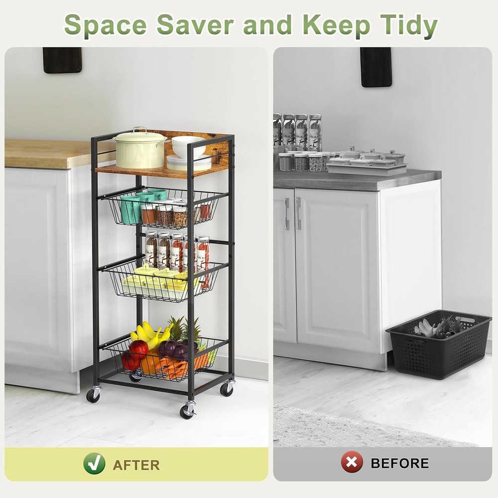 4-Tier Kitchen Rolling Storage Cart w/Pull-Out Baskets Microwave Table Stand
