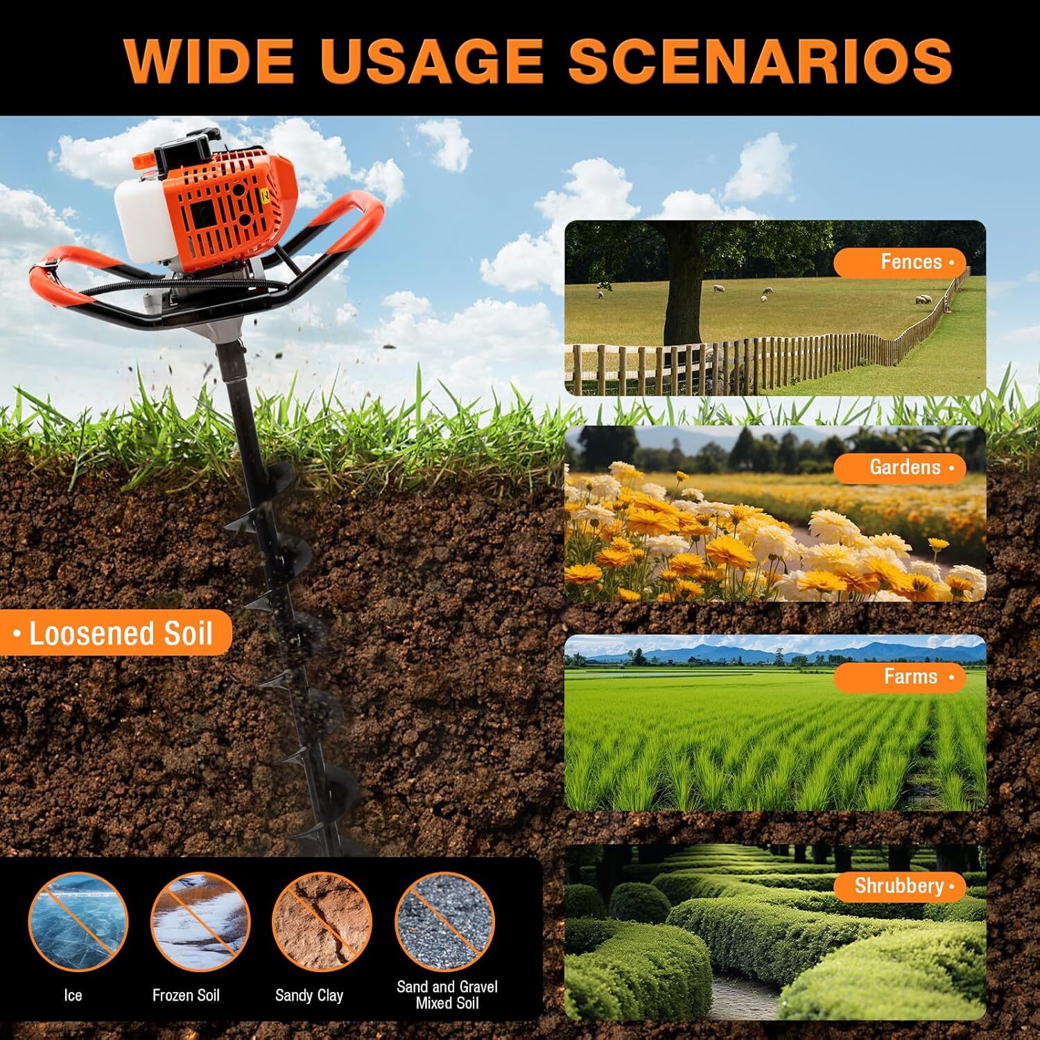 Auger Post Hole Digger 52cc-2 Stroke Digging Tool with Drill Bits 4'', 6" & 8"