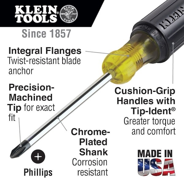 Klein Tools 603-4 No. 2 Phillips Screwdriver 4" Round Shank