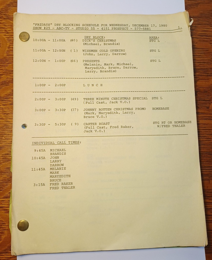 "Fridays" ABC-TV Studio 55 Dry Blocking Schedule & Script Dec 1980, JRR16
