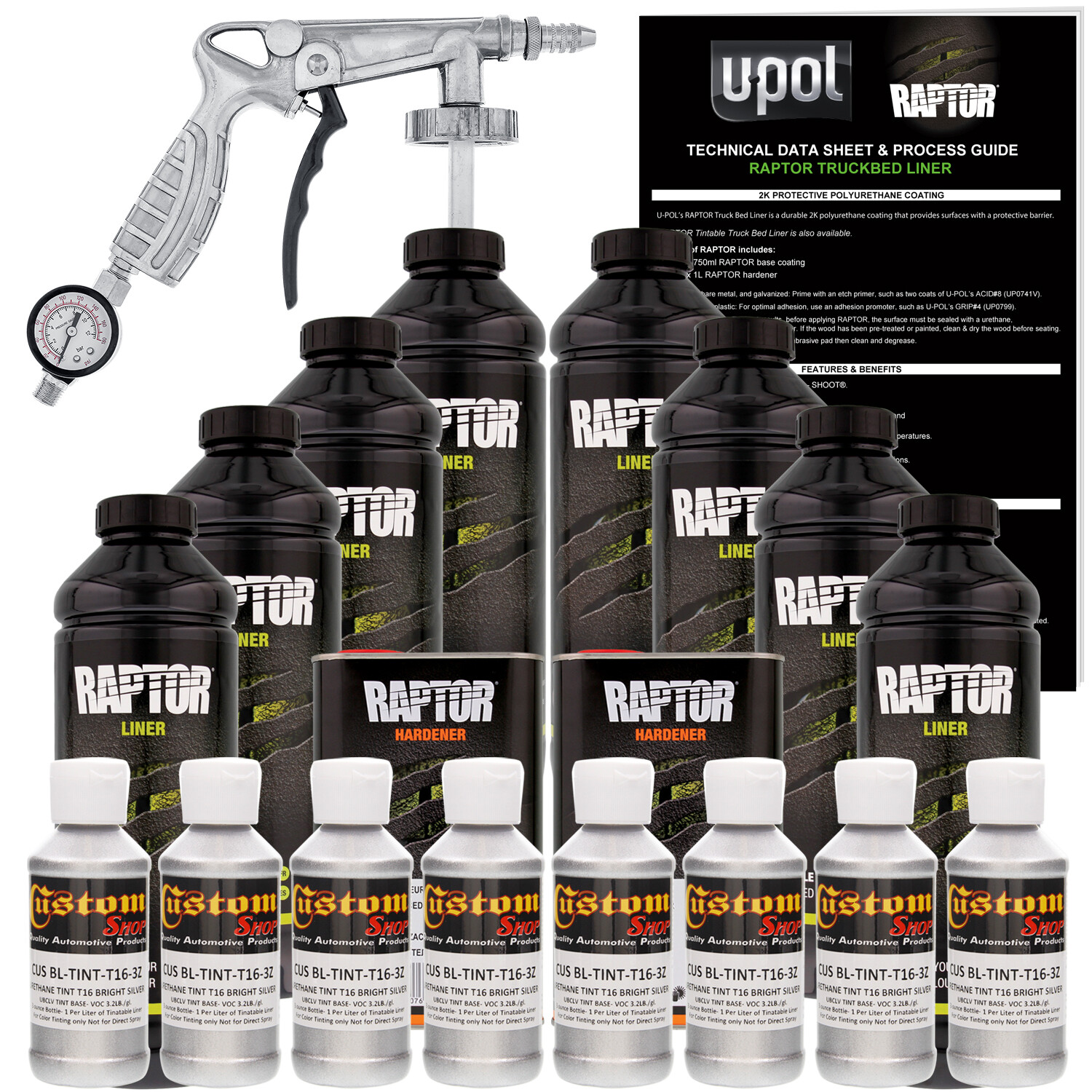 U-POL Raptor Tintable Bright Silver Spray-On Truck Bed Liner Spray Gun, 8 Liters