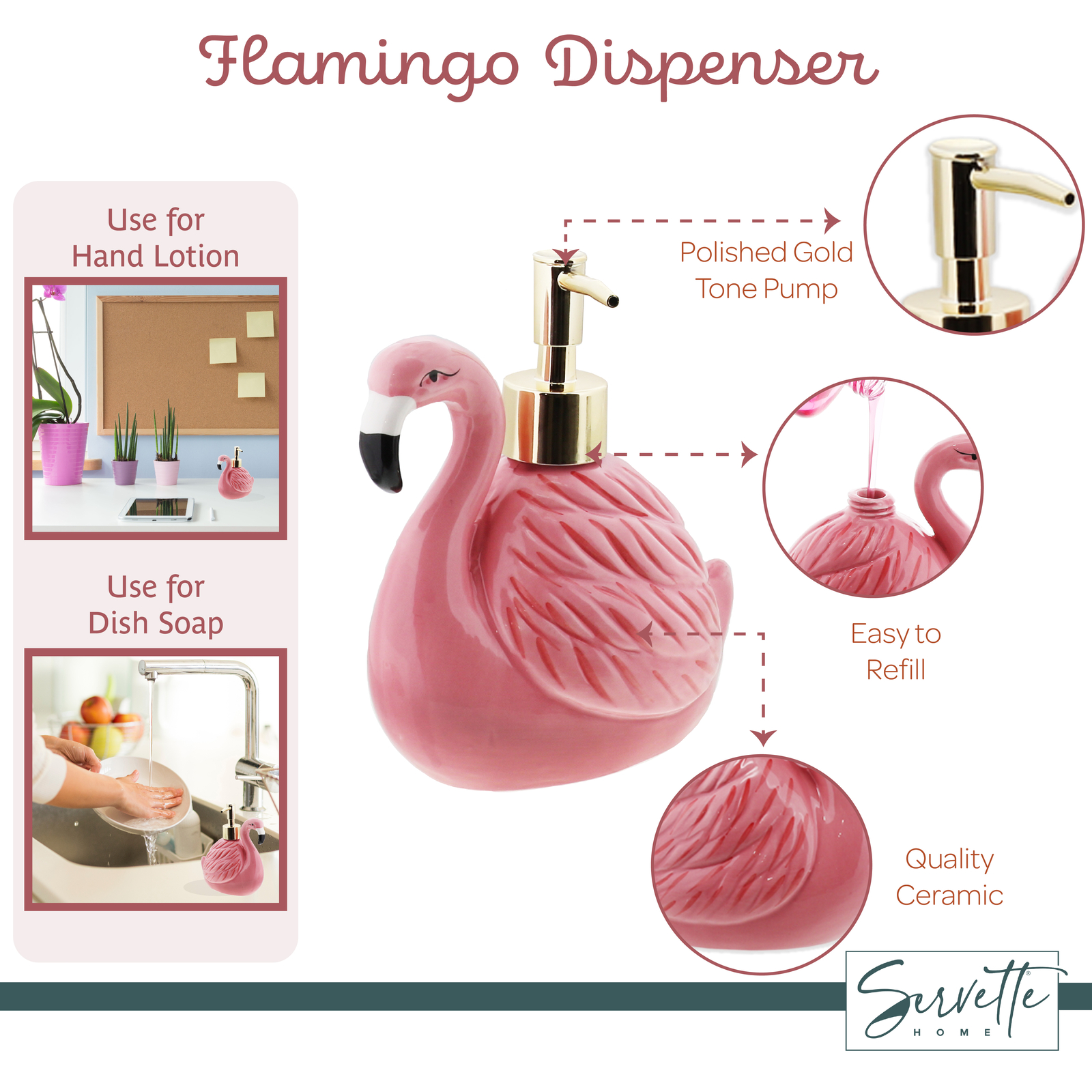Flamingo Soap Dispenser with Pump for Bathroom or Kitchen Sink