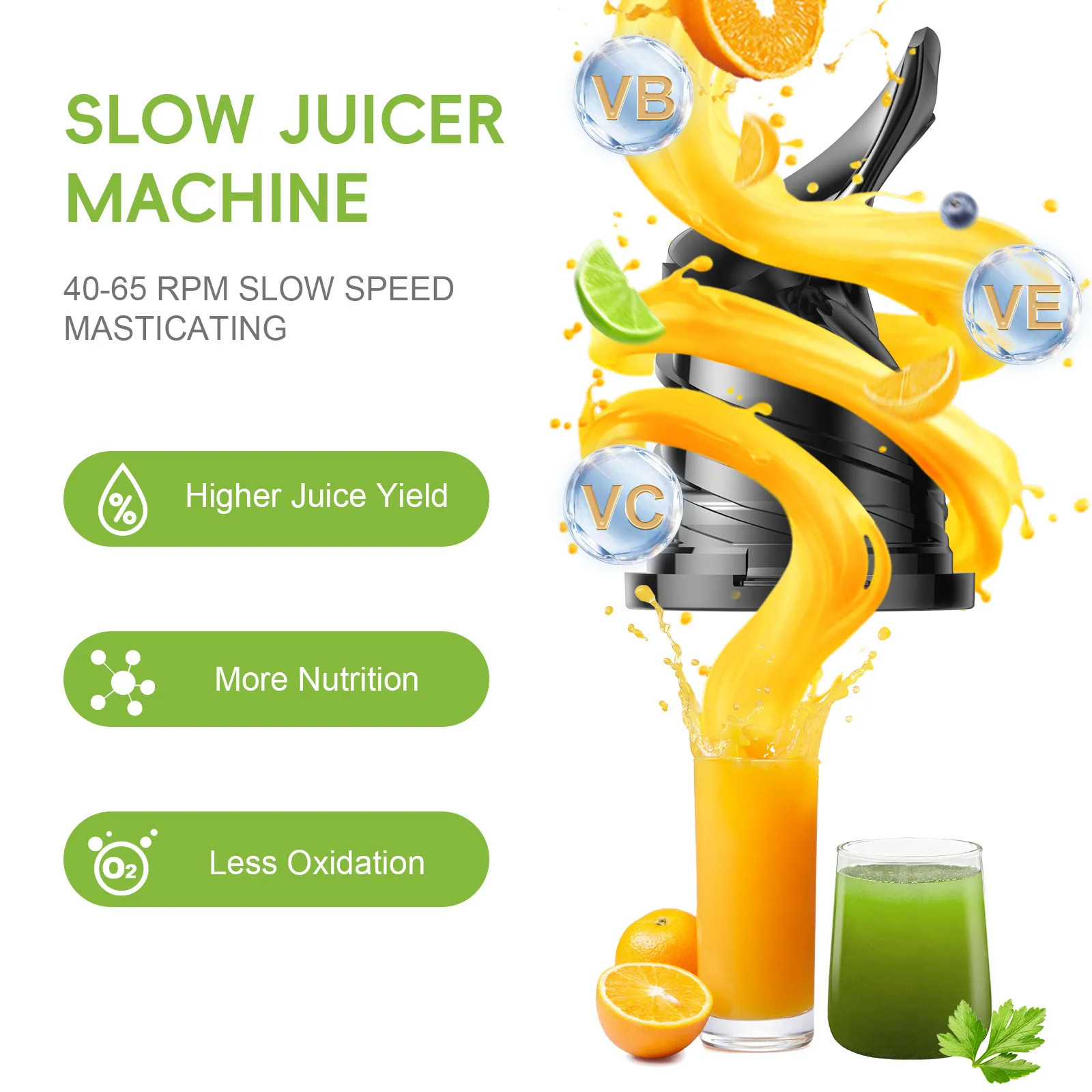 Cold Press Juicer, 5.8" Extra Large Feed Chute 300W Slow Masticating Juicer High