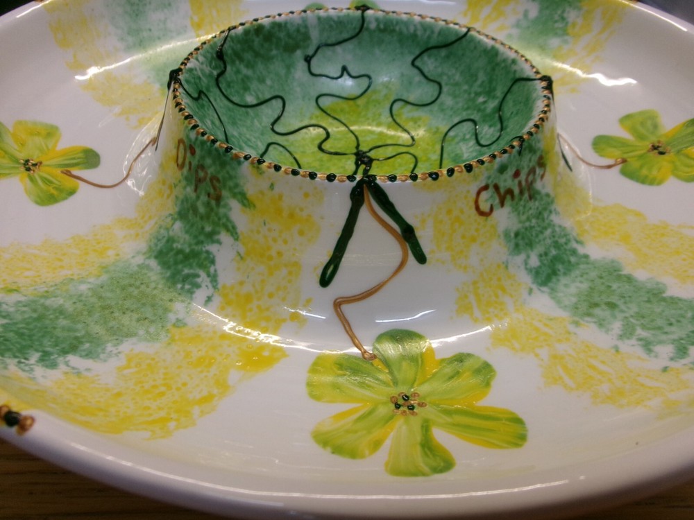 Large, Ceramic Serving Dish, by Johanna Watts 2009, Chips & Dips, signed. H2