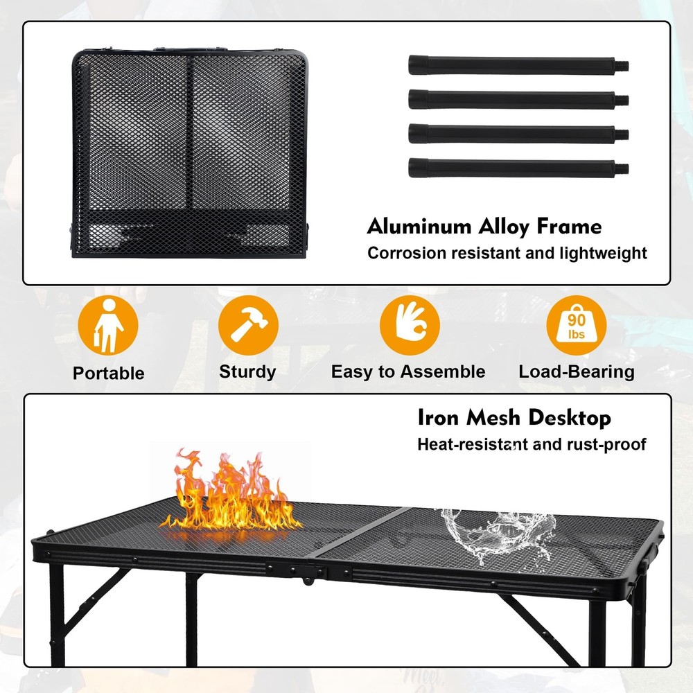 Camping Table with Mesh Desktop, Lightweight & Portable Folding Grill Table, ...