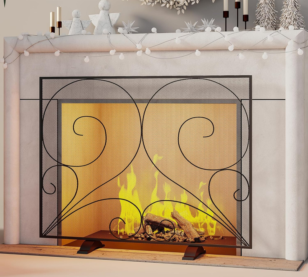 Single Panel Fireplace Screen Handcrafted Solid Wrought Iron Mesh, Heat-Resistan