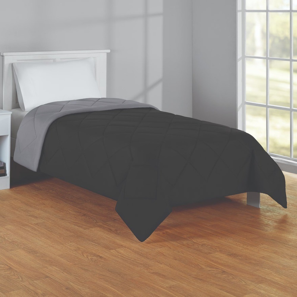 Reversible Twin XL Microfiber forter Black with Grey Checkered Pattern