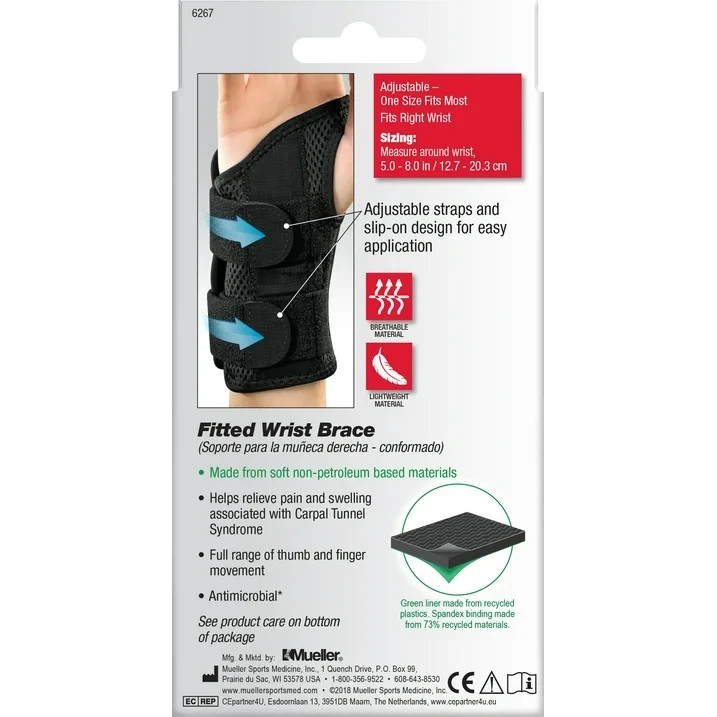 Mueller Green Fitted Wrist Brace, Right Hand, Unisex, One Size Fits Most, Black