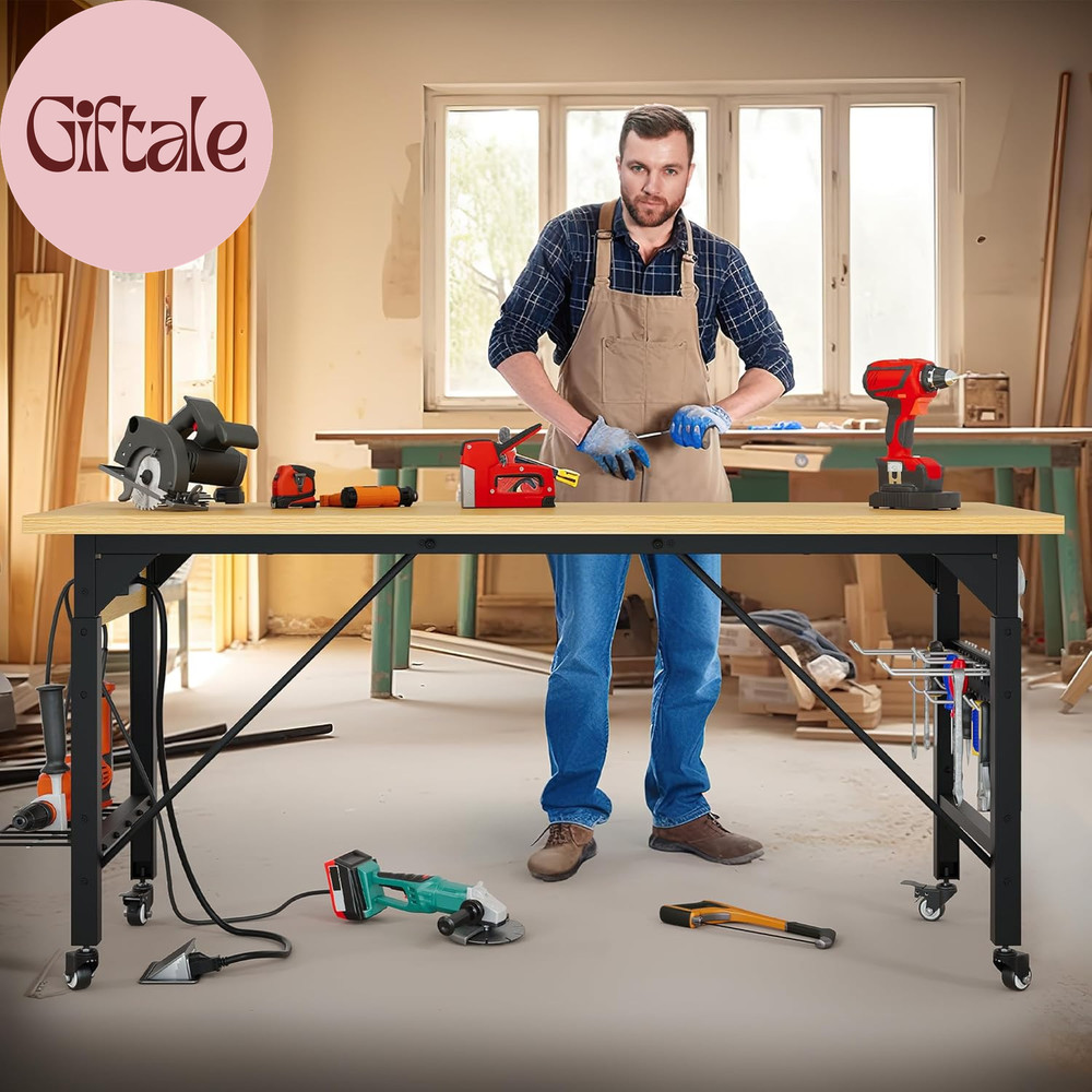 60" Adjustable Workbench on Wheels, Garage Tool Work Bench with Outlets & Wheels