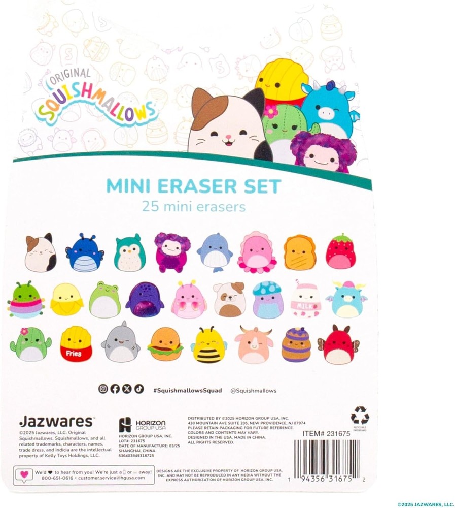 Original Squishmallows Mini Eraser Set, 25 Small Erasers, Multi