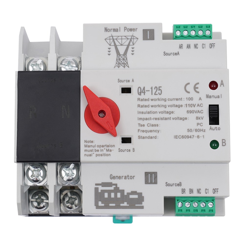 PC Level Dual Power Automatic Transfer Switch 2P Generator Changeover 110V/100A