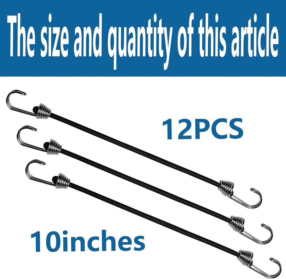 Mini Bungee Cords with Hooks. (12Pcs, Black, 10") Small Bungee Cords with Hooks,