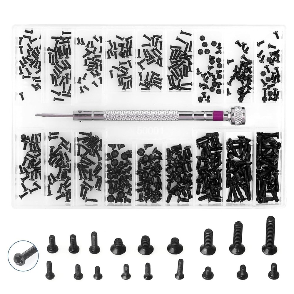 Small Screws Assortment Kit M1.2 / M1.4 / M2.0 Tiny Micro Screws Set Black 500pc