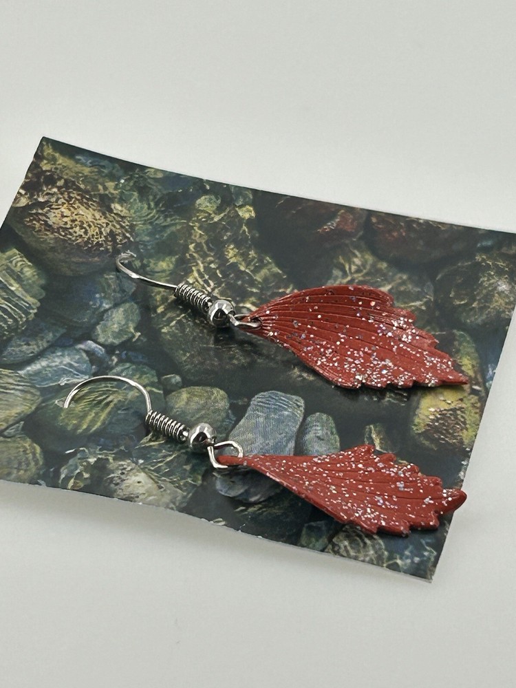 Handmade Dangle Earrings Womens Leaf Shape Curved Orange Glitter Hook