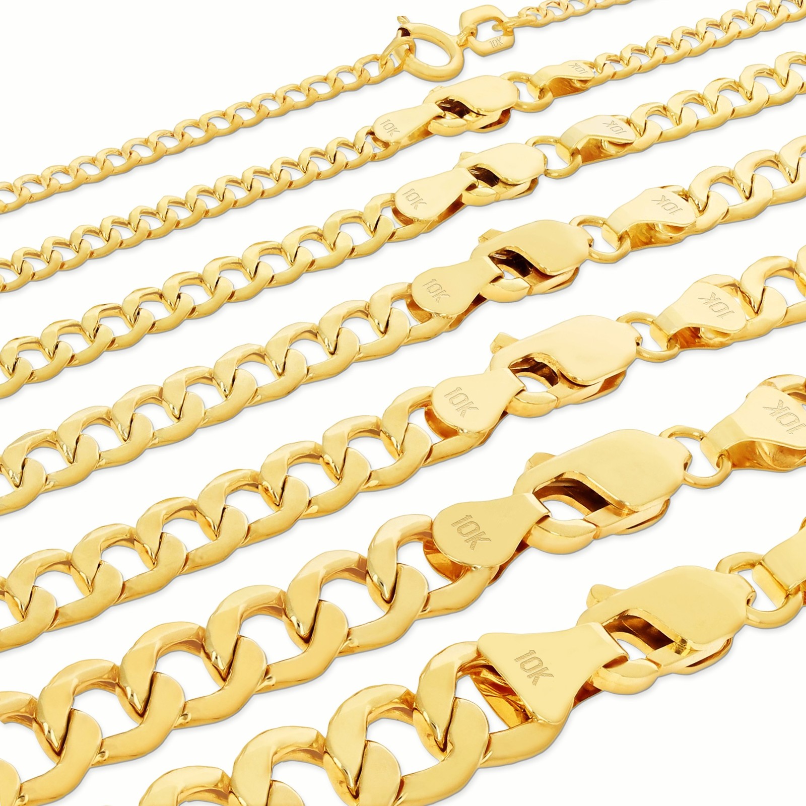 10K Yellow Gold 2mm-7.5mm Curb Cuban Chain Link Necklace or Bracelet 7"-30"