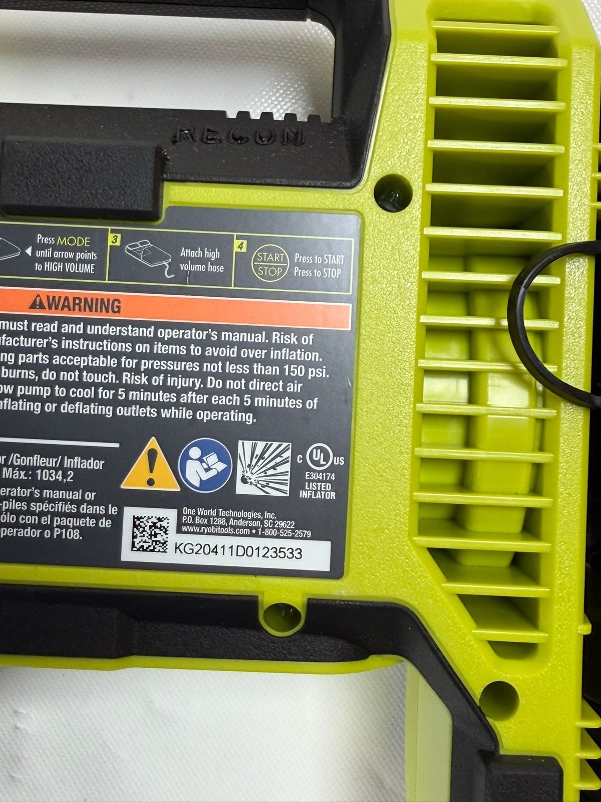 Ryobi ONE+ 18V Cordless Inflator Deflator P747 Portable Air Compressor Tool Only